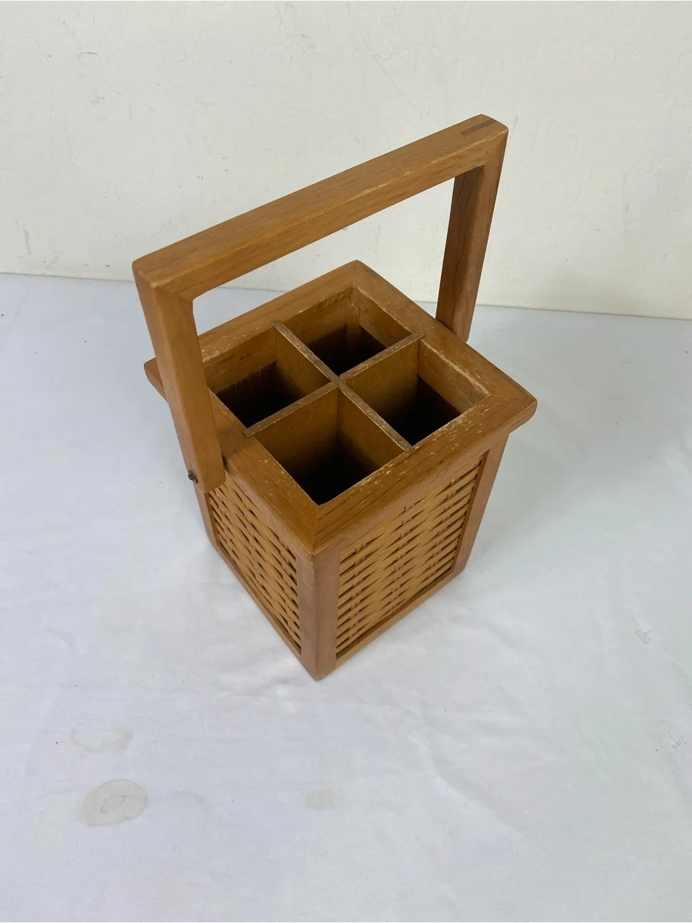 Vintage Wooden Woven Utensils Basket Tote in Honey Brown
